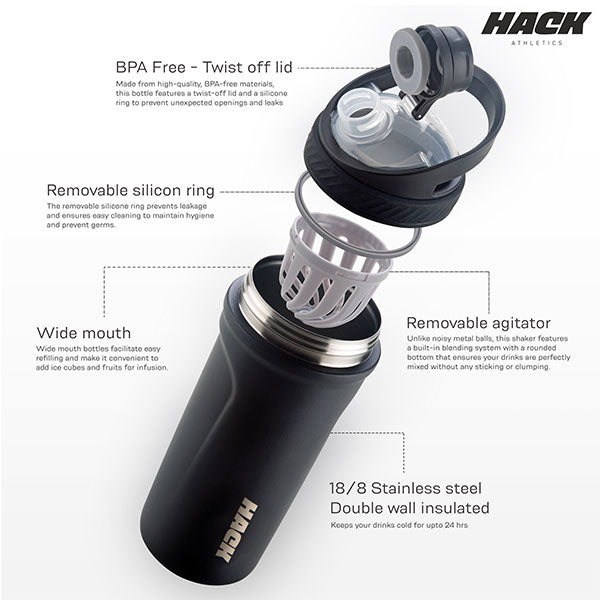 Hack Athletics Premium Stainless Steel Insulated Shaker Bottles 709ML Black