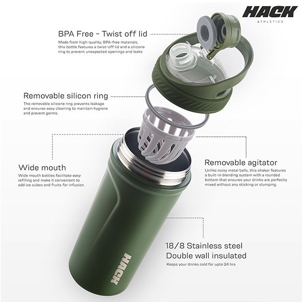 Hack Athletics Premium Stainless Steel Insulated Shaker Bottles 709ML Green