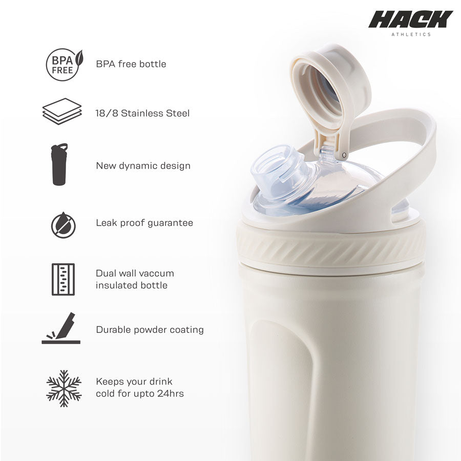Hack Athletics Premium Stainless Steel Insulated Shaker Bottles 709ML White