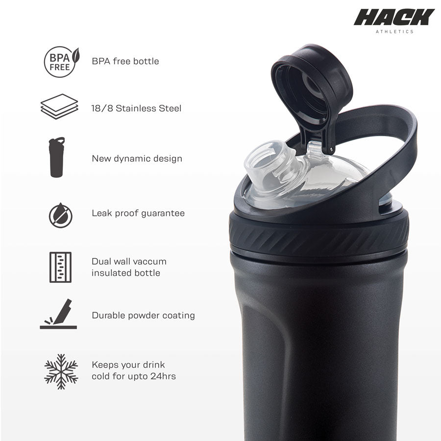 Hack Athletics Premium Stainless Steel Insulated Shaker Bottles 709ML Black