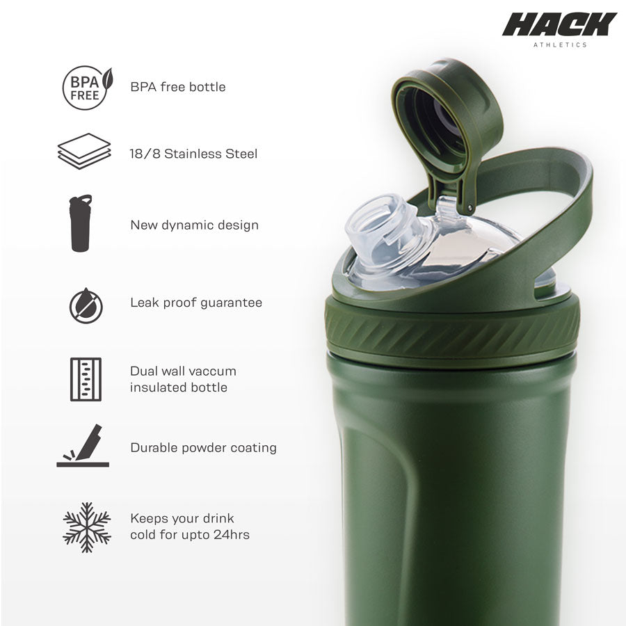 Hack Athletics Premium Stainless Steel Insulated Shaker Bottles 709ML Green