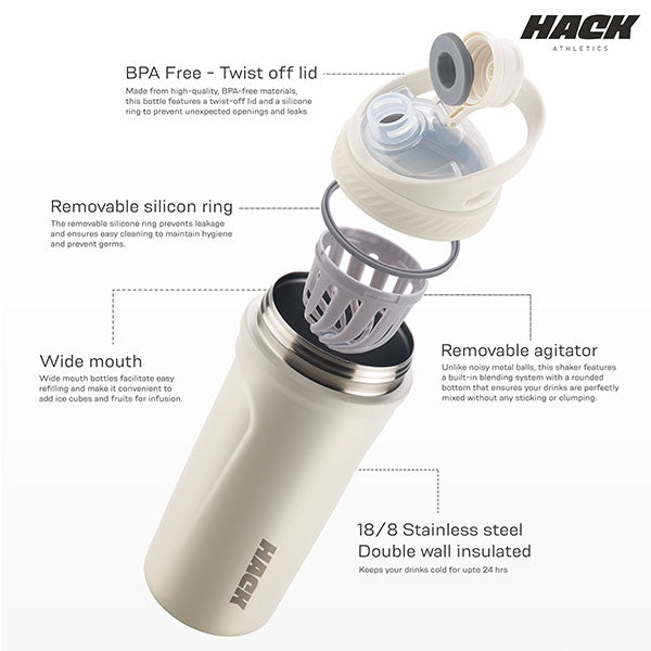 Hack Athletics Premium Stainless Steel Insulated Shaker Bottles 709ML White