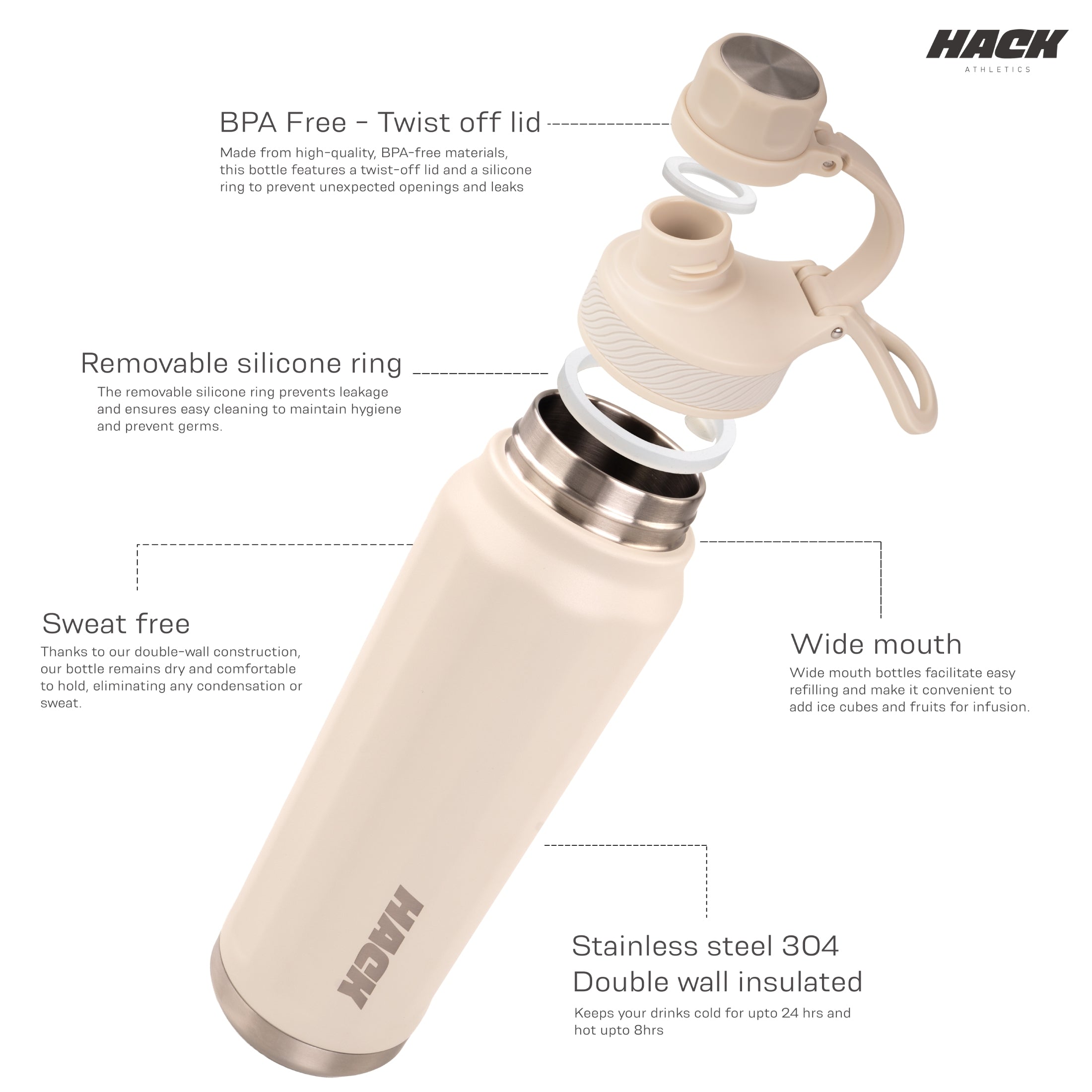 Hack Athletics Premium Aqua Water Bottle - Cream