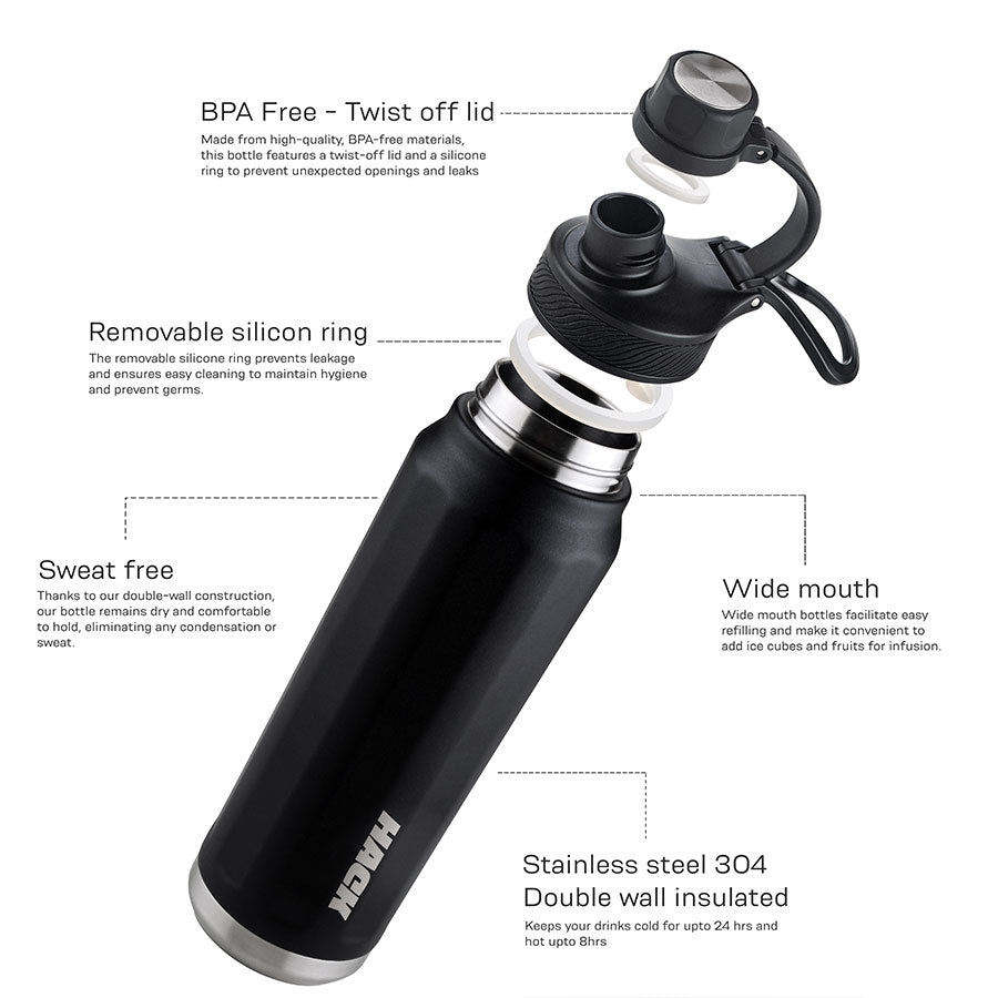 Hack Athletics Premium Aqua Water Bottle Black | 709ML